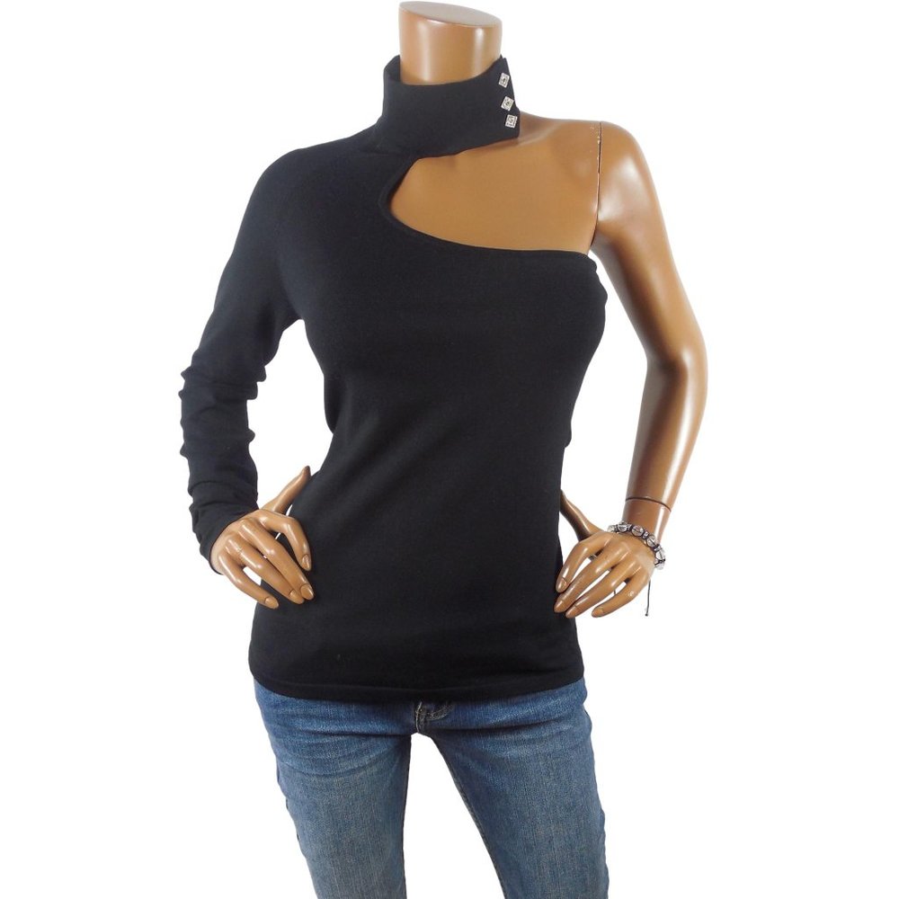*HOST PICK* CACHE Top M New $88 SILK Knit Shirt Black with Rhinestone Buttons